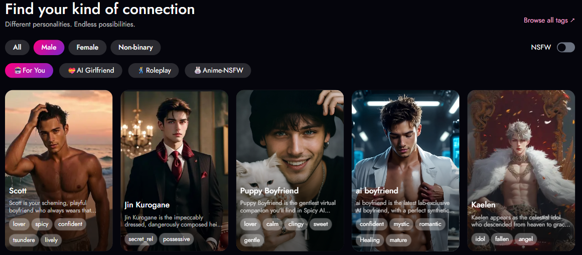 Filter the character catalogue — actual Spicy AI public interface.
