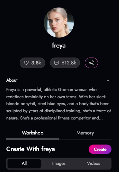 Inspect a public character profile — actual Spicy AI public interface.