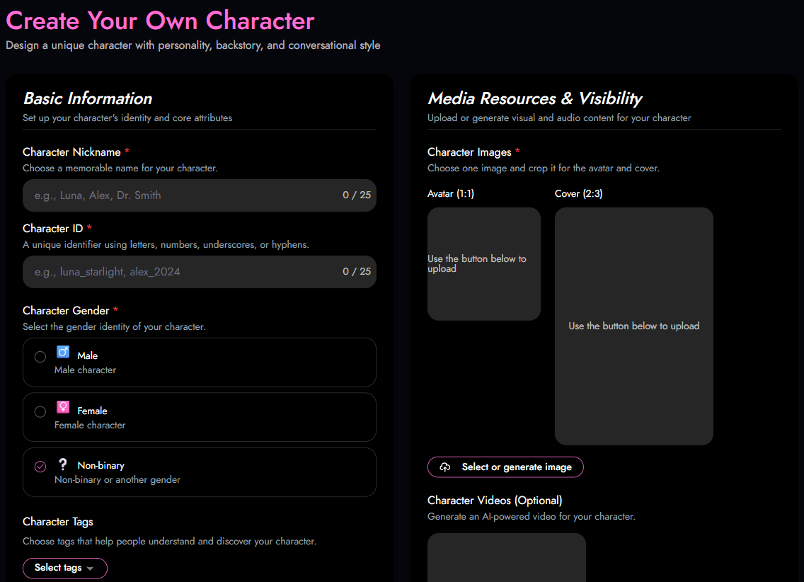 Review the character creation fields — actual Spicy AI public interface.