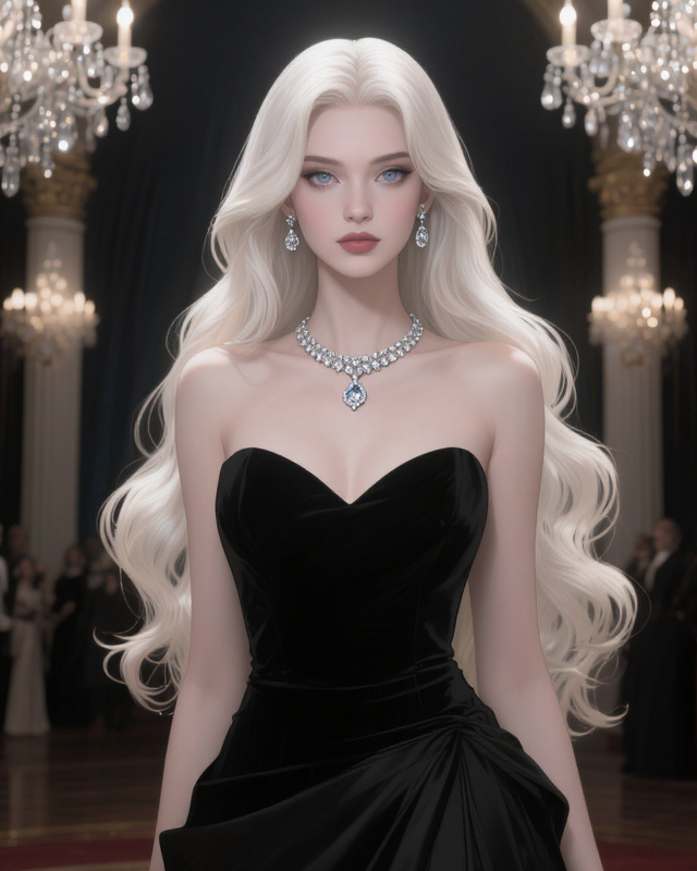 Dianar with pale-blonde hair, a black dress and a necklace beneath chandeliers. Source: Spicy AI.