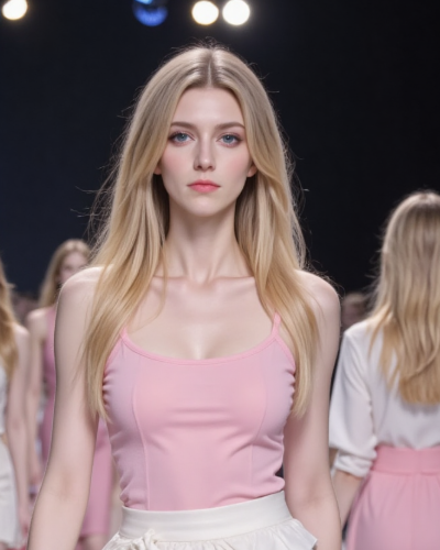 Natashar with long blonde hair, a pink top and a white skirt on a runway. Source: Spicy AI.