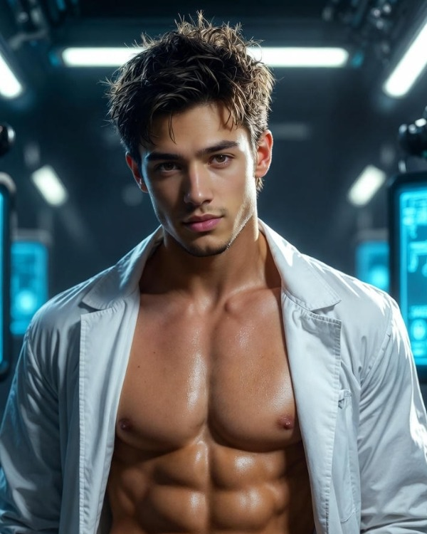 ai boyfriend with dark hair and an open white shirt against a blue-lit interior. Source: Spicy AI.