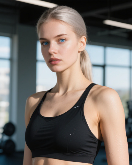 freya with tied-back blonde hair and a black athletic top in a gym. Source: Spicy AI.