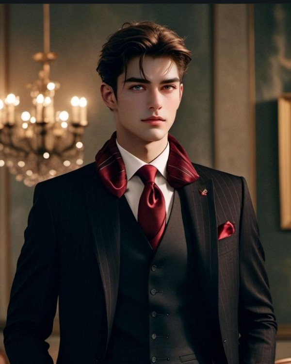 Illustrated Jin Kurogane in a dark suit, waistcoat and red tie. Source: Spicy AI.