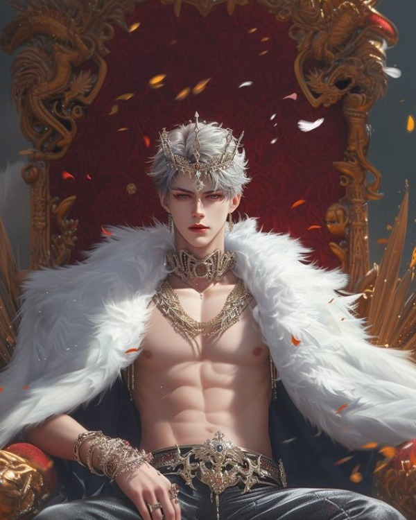 Illustrated Kaelen with silver hair and a pale cape on an ornate red chair. Source: Spicy AI.