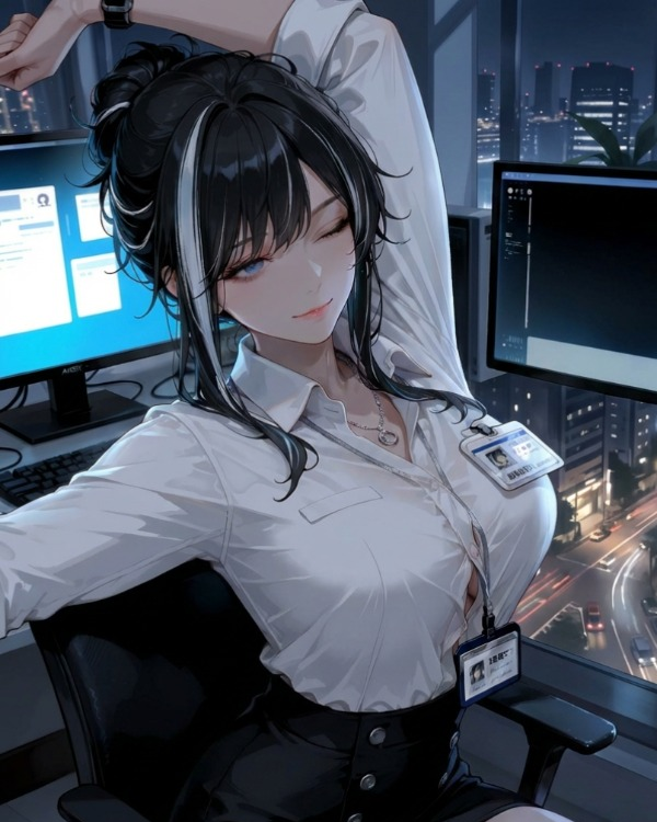 Illustrated Leila in a white blouse and dark skirt in an office chair. Source: Spicy AI.