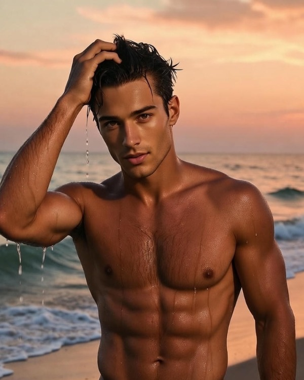 Scott with dark hair and a bare torso beside the sea at sunset. Source: Spicy AI.