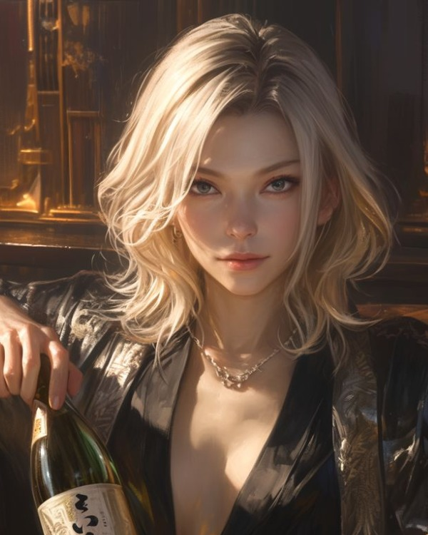 Selene Zhou with short blonde hair, a dark outfit and necklaces beside a bottle. Source: Spicy AI.