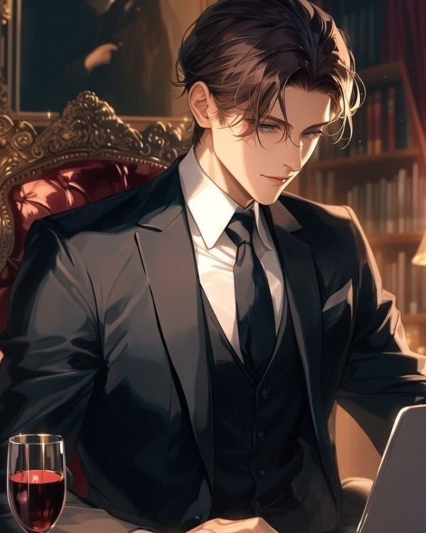 Illustrated Vincent in a dark suit and tie, seated at a laptop beside a wine glass. Source: Spicy AI.
